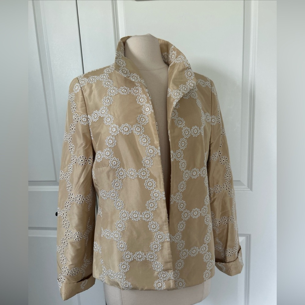 NINA MCLEMORE size 14 Suzanne Jacket 100% Silk Eyelet Champagne White Embroidery